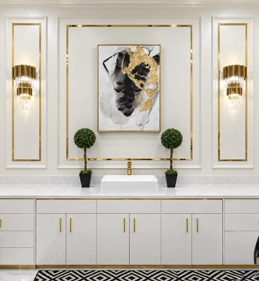 District Nail Club vanity with gold-framed artwork
