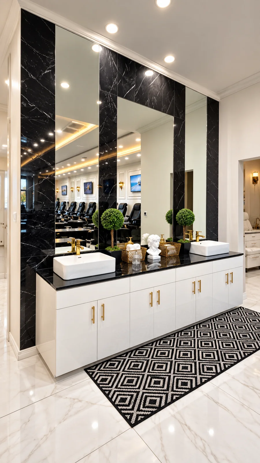 District Nail Club wash station with marble mirrors