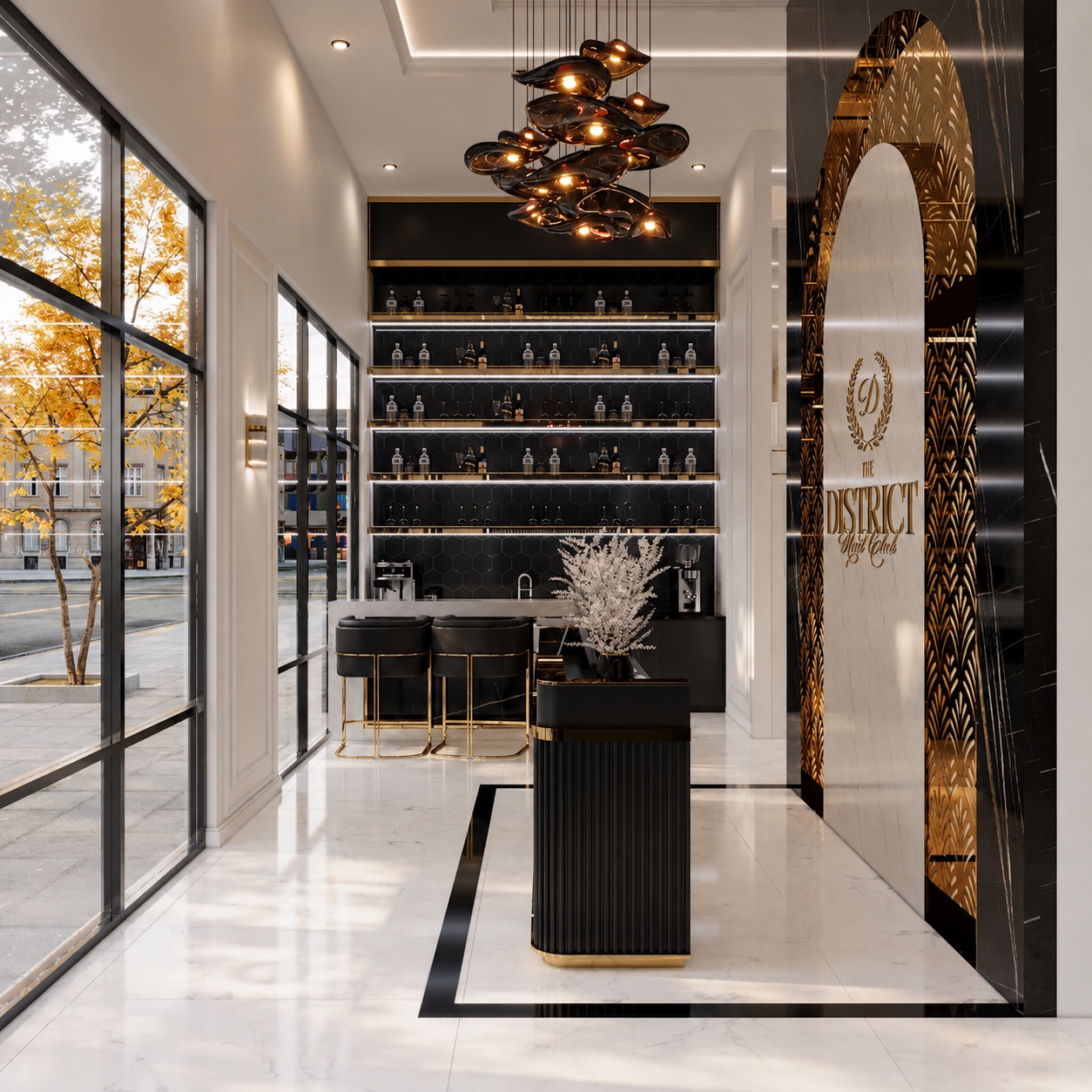 Interior design preview of the beverage bar and salon entry