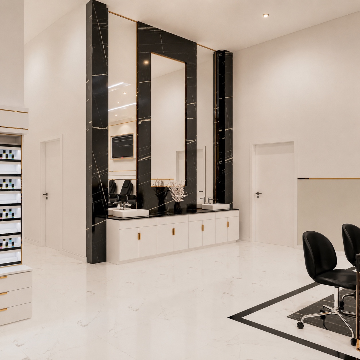 Interior design preview of manicure stations and black marble mirrors