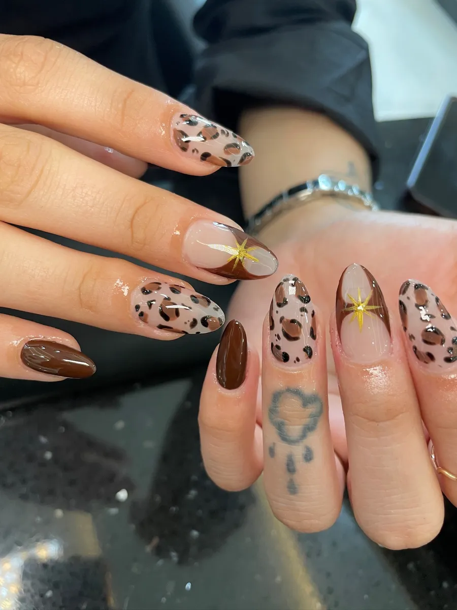 Almond nails with leopard print, brown and gold star accents