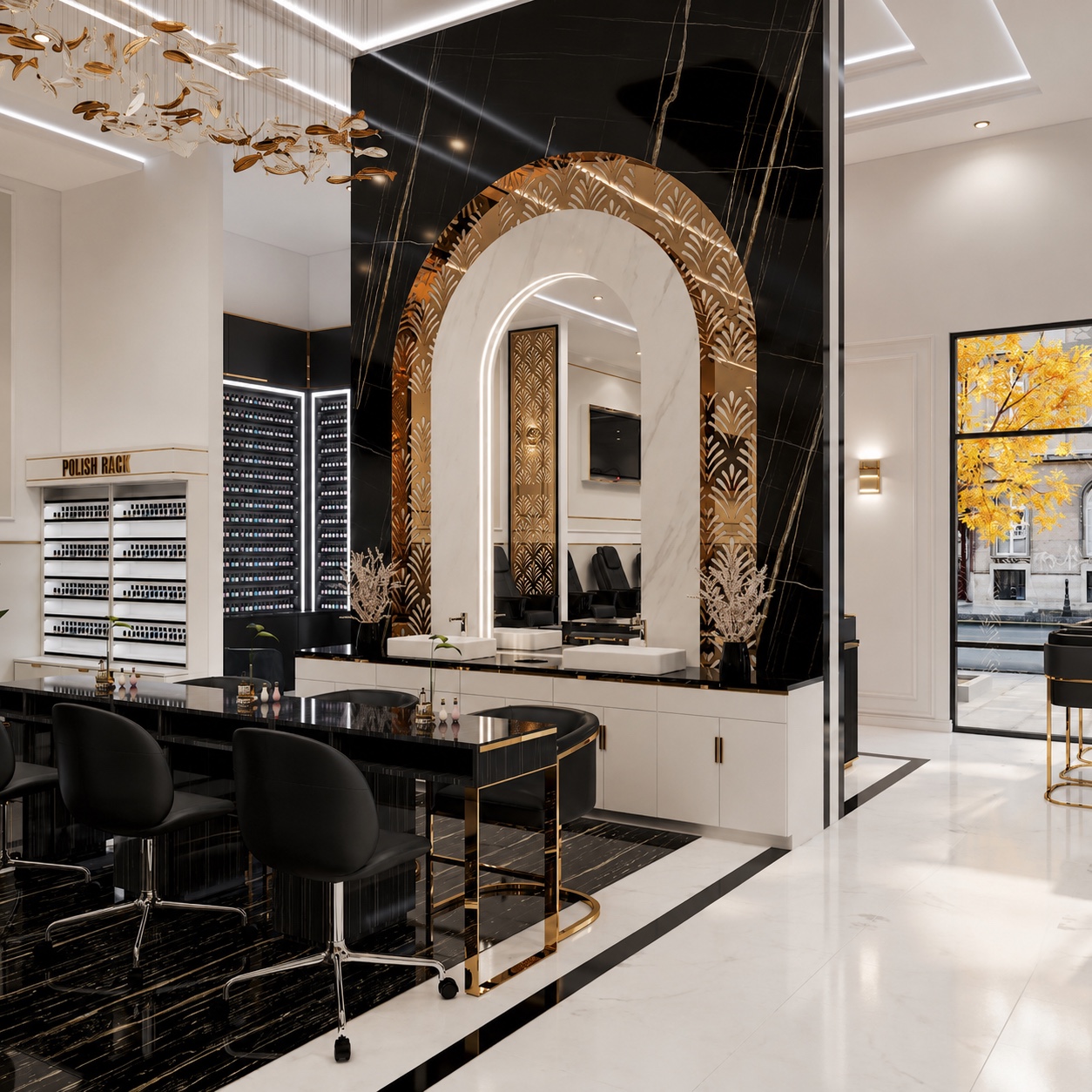 Interior design preview of manicure stations and illuminated polish display