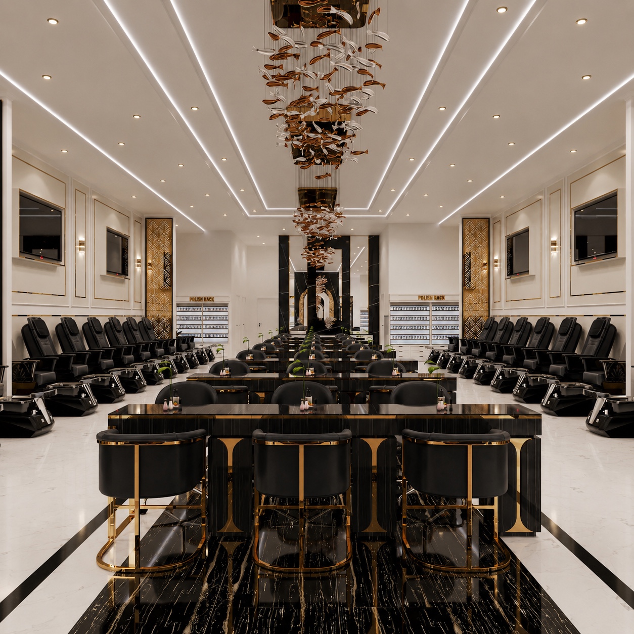 Interior design preview of manicure tables and pedicure seating