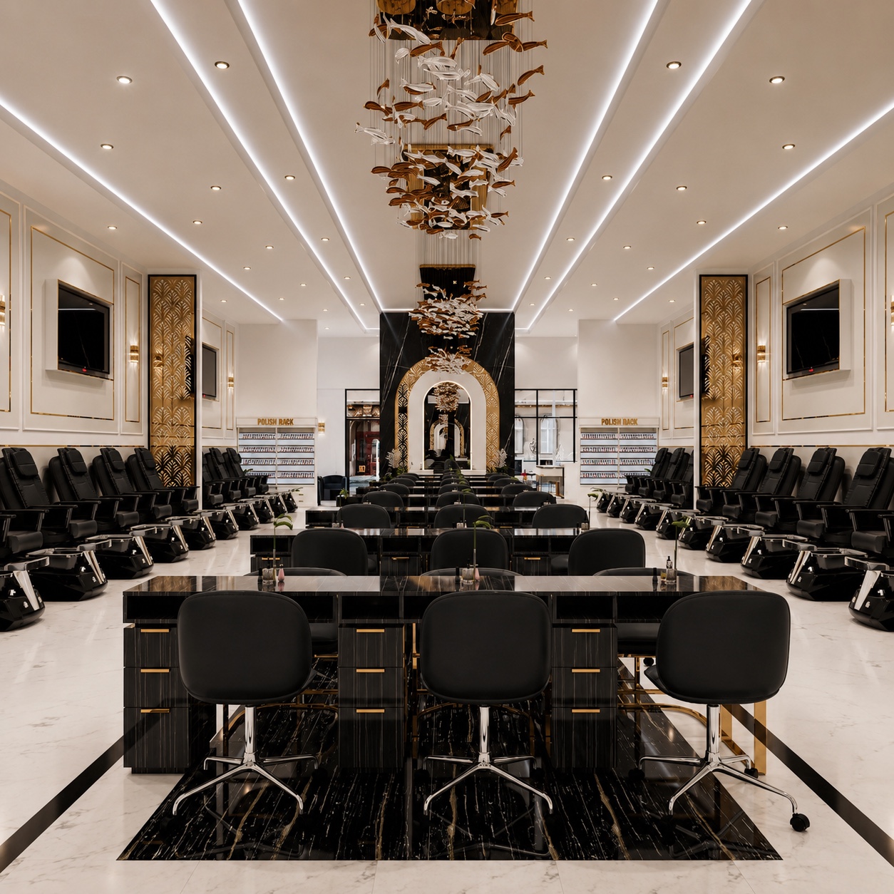 Interior design preview of the full salon floor and pedicure seating
